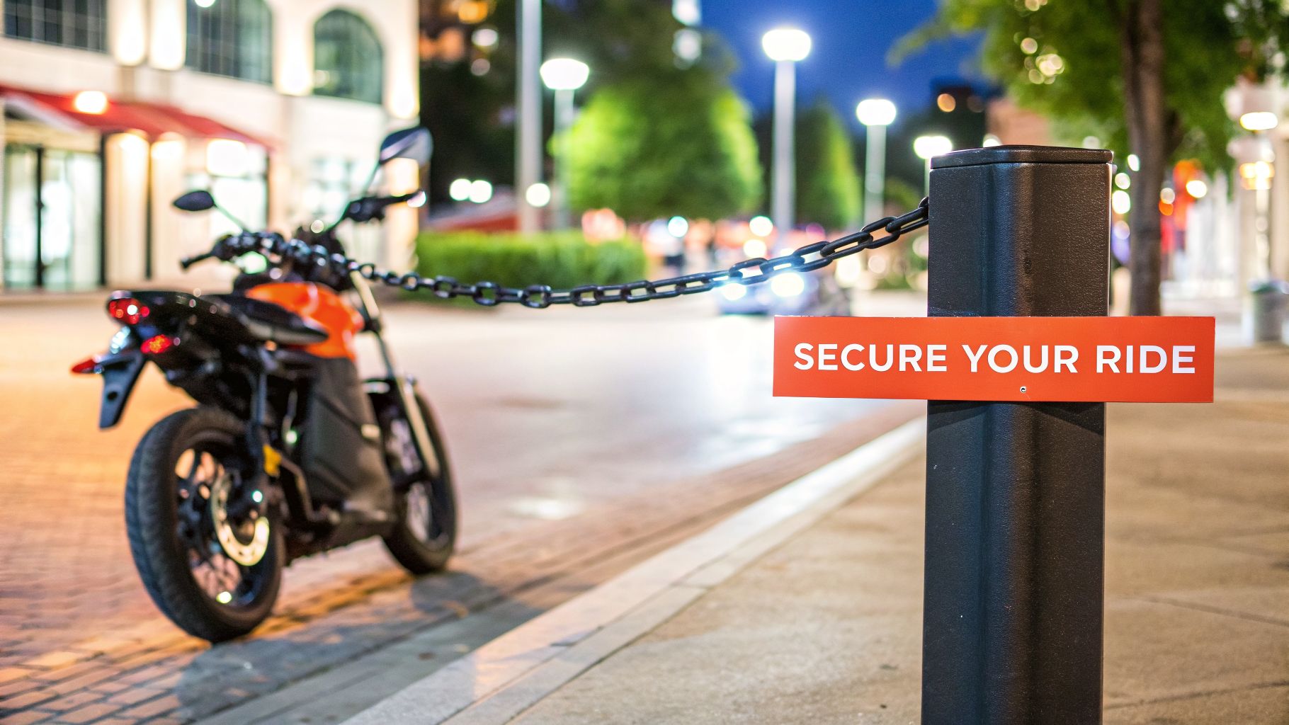 Orange electric motorcycle secured by a chain to a pole with a 'Secure Your Ride' sign at night.