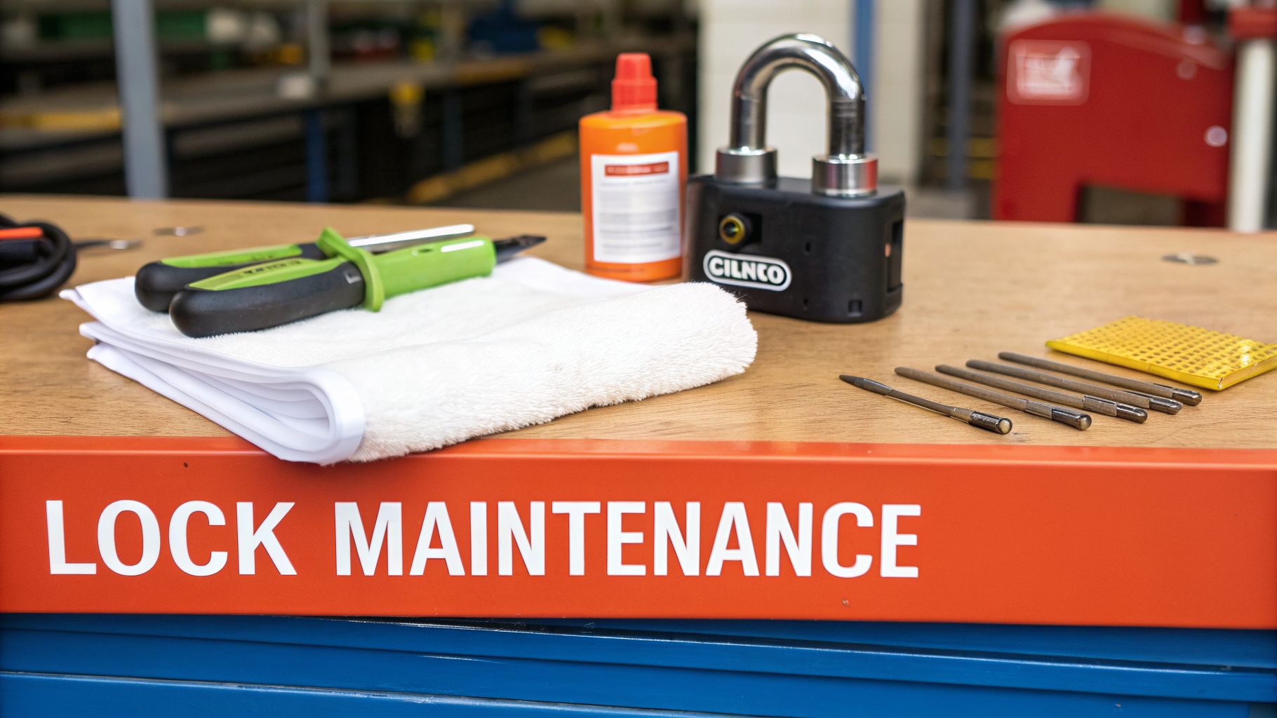 Tools for lock maintenance laid out on a wooden table, including a padlock, lubricant, and picks.