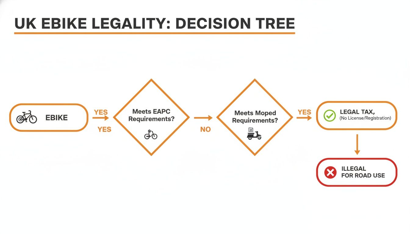 Decision tree flowchart explaining UK ebike legality, outlining EAPC and moped requirements for legal road use.