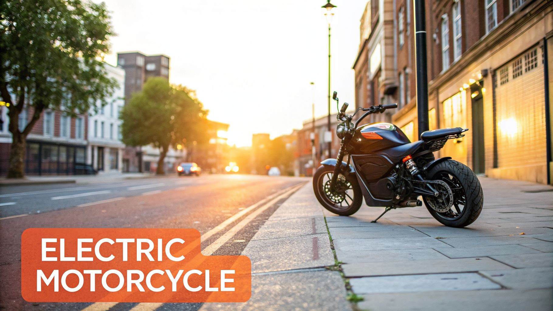 Modern electric motorcycle parked on a city street during a golden hour sunset.