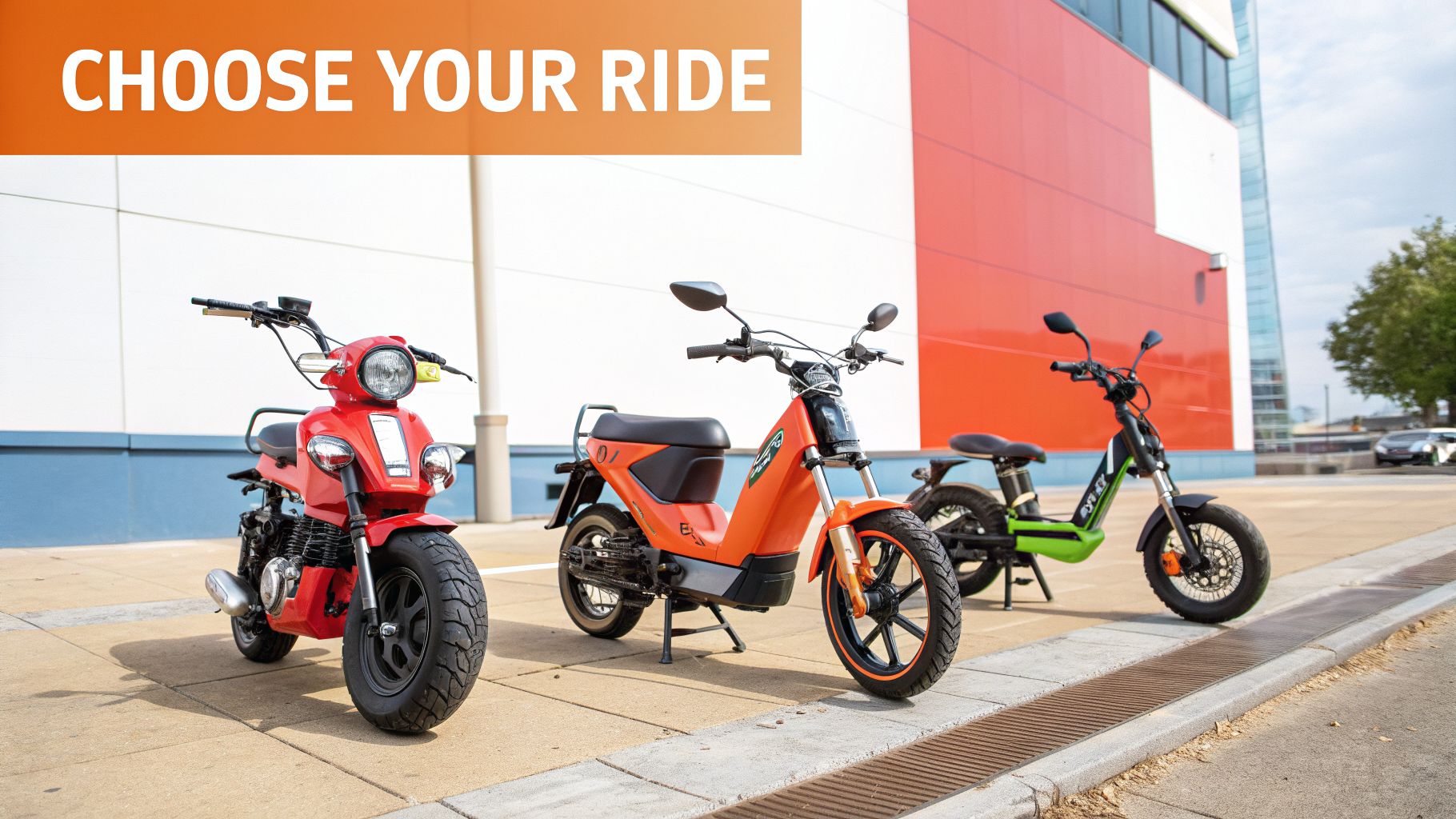 Three colorful electric mopeds or e-bikes (red, orange, green) parked on a sidewalk with 'CHOOSE YOUR RIDE' text.