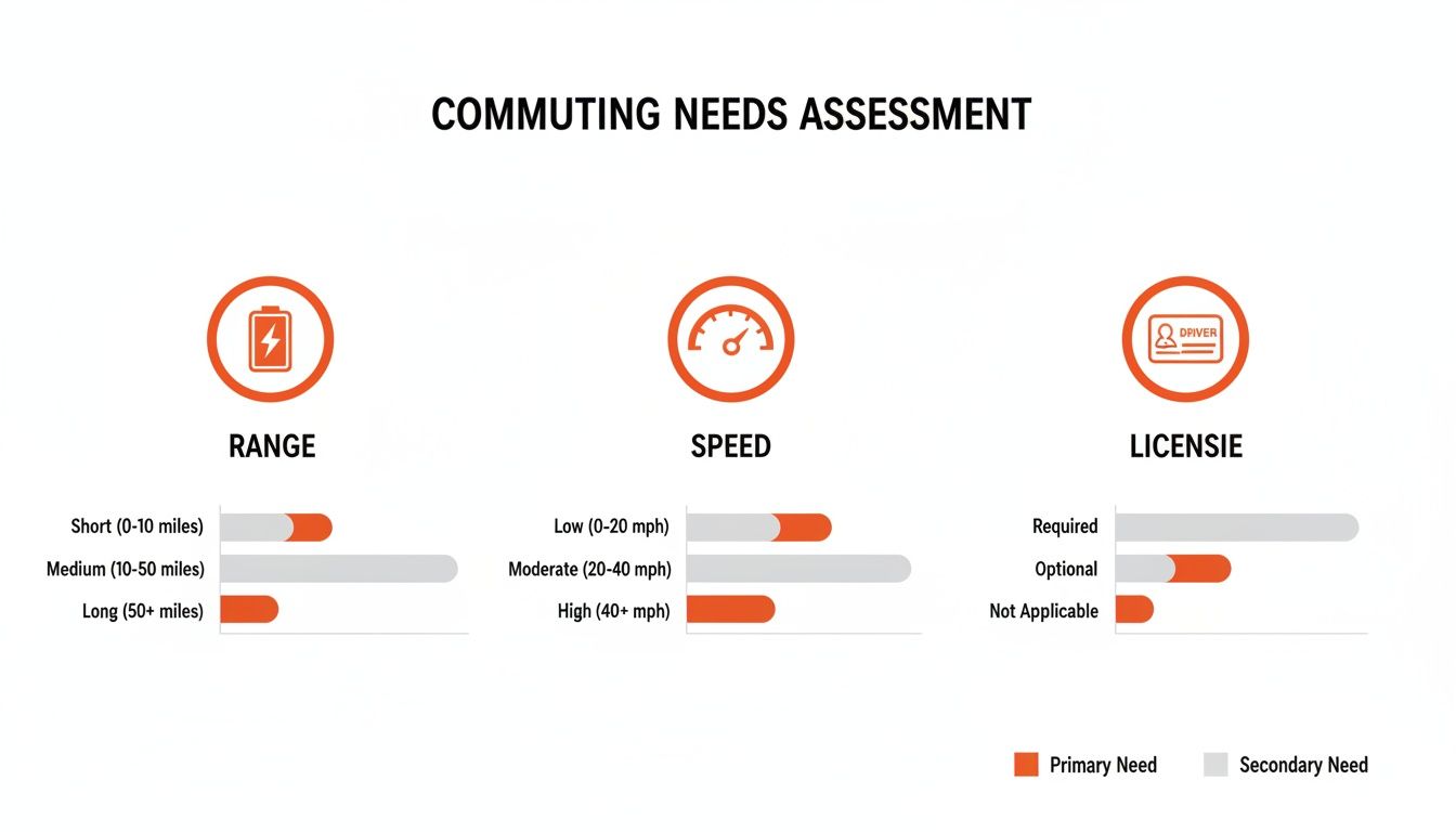 Commuting needs assessment chart displaying preferences for range, speed, and license requirements.