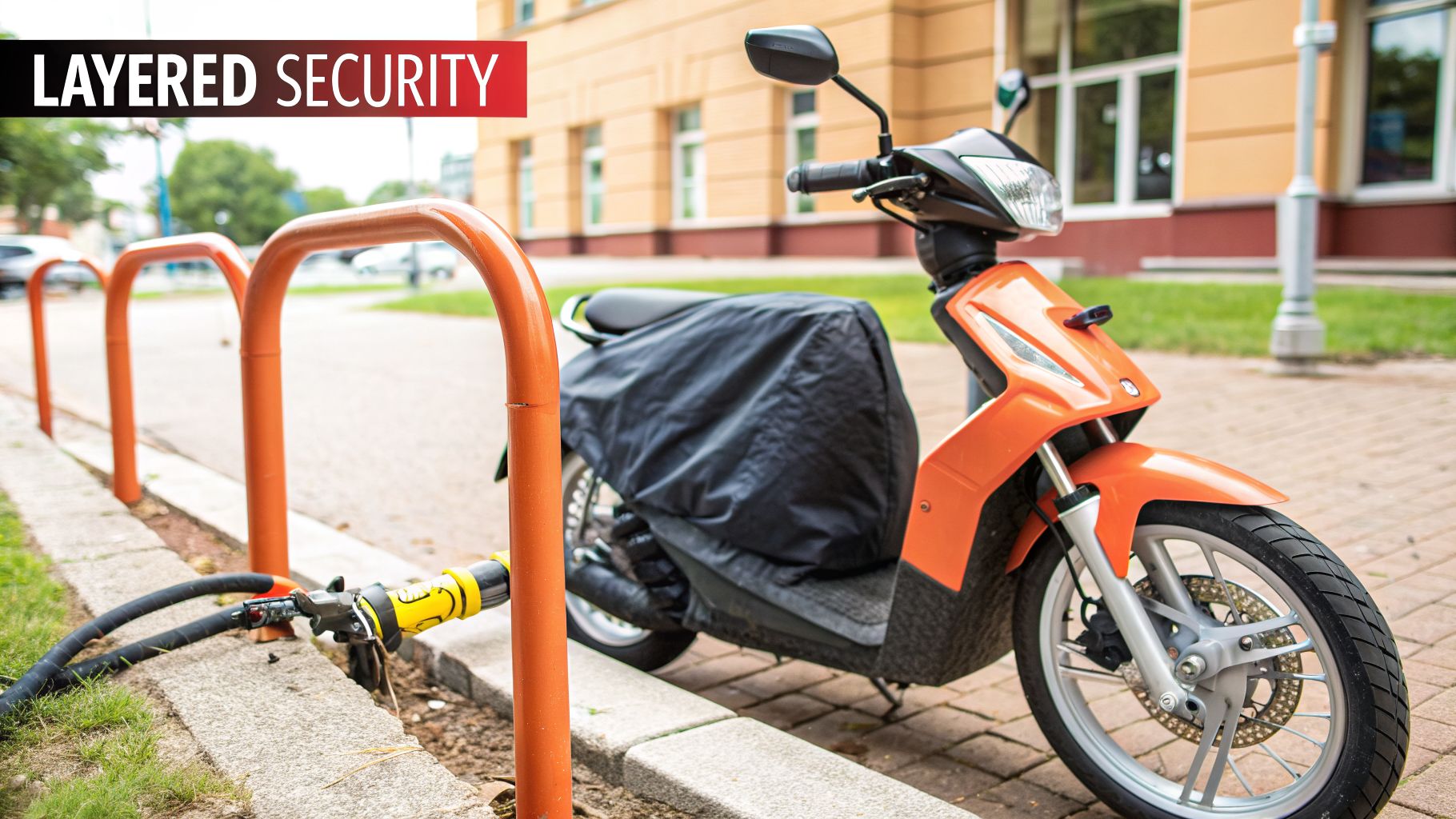 Layered security setup featuring an orange scooter, bike racks, and a security cable.