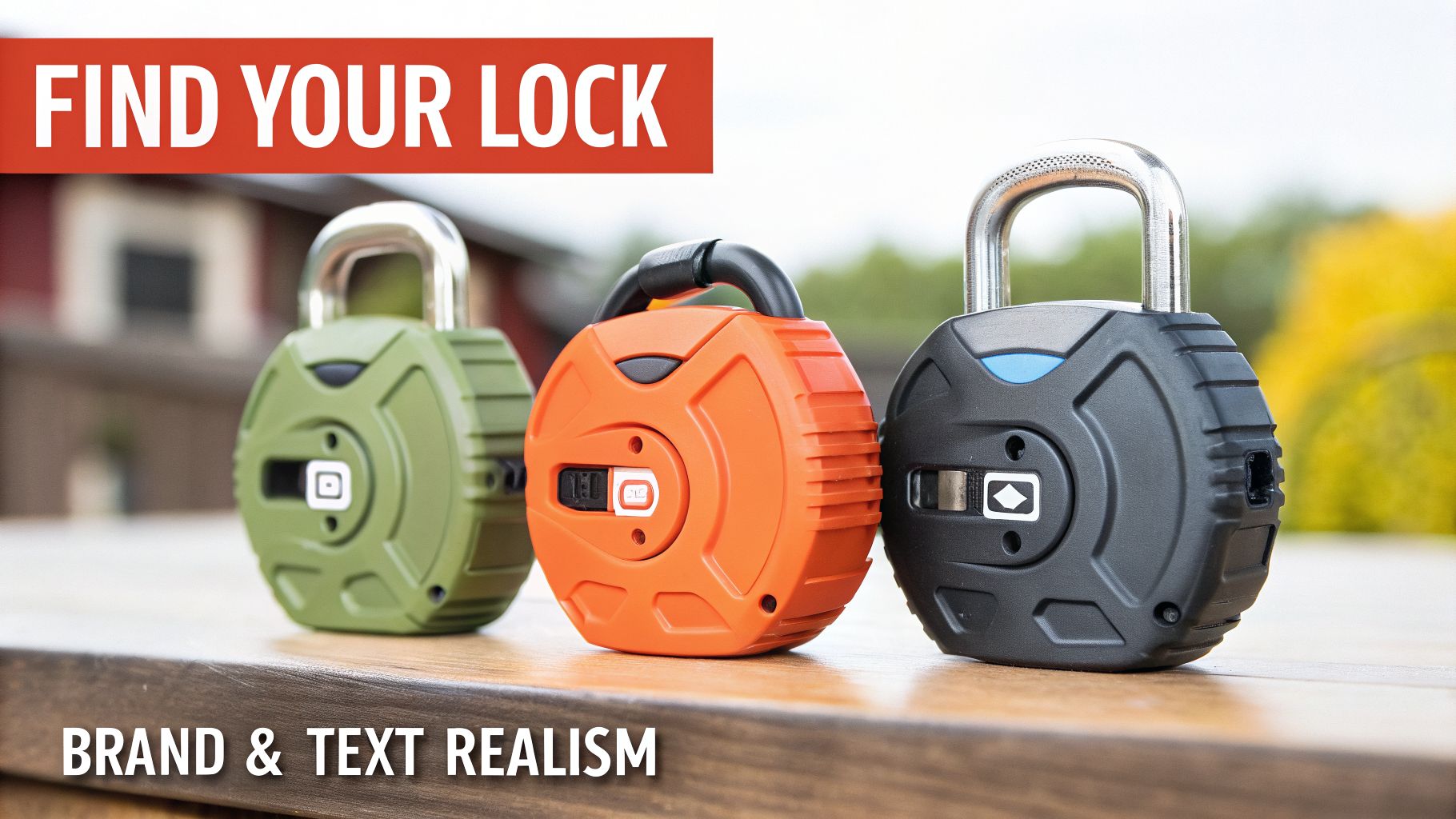 Three colorful disc locks (green, orange, black) on a wooden table, with 'FIND YOUR LOCK' text.