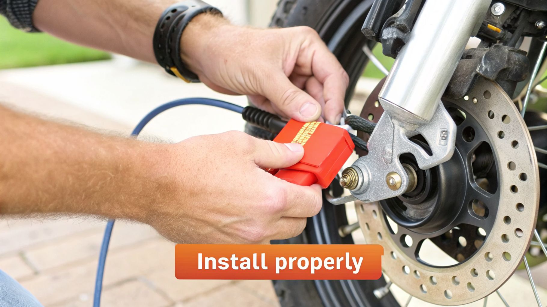 Close-up of hands installing a red motorcycle disc lock alarm on a front wheel.