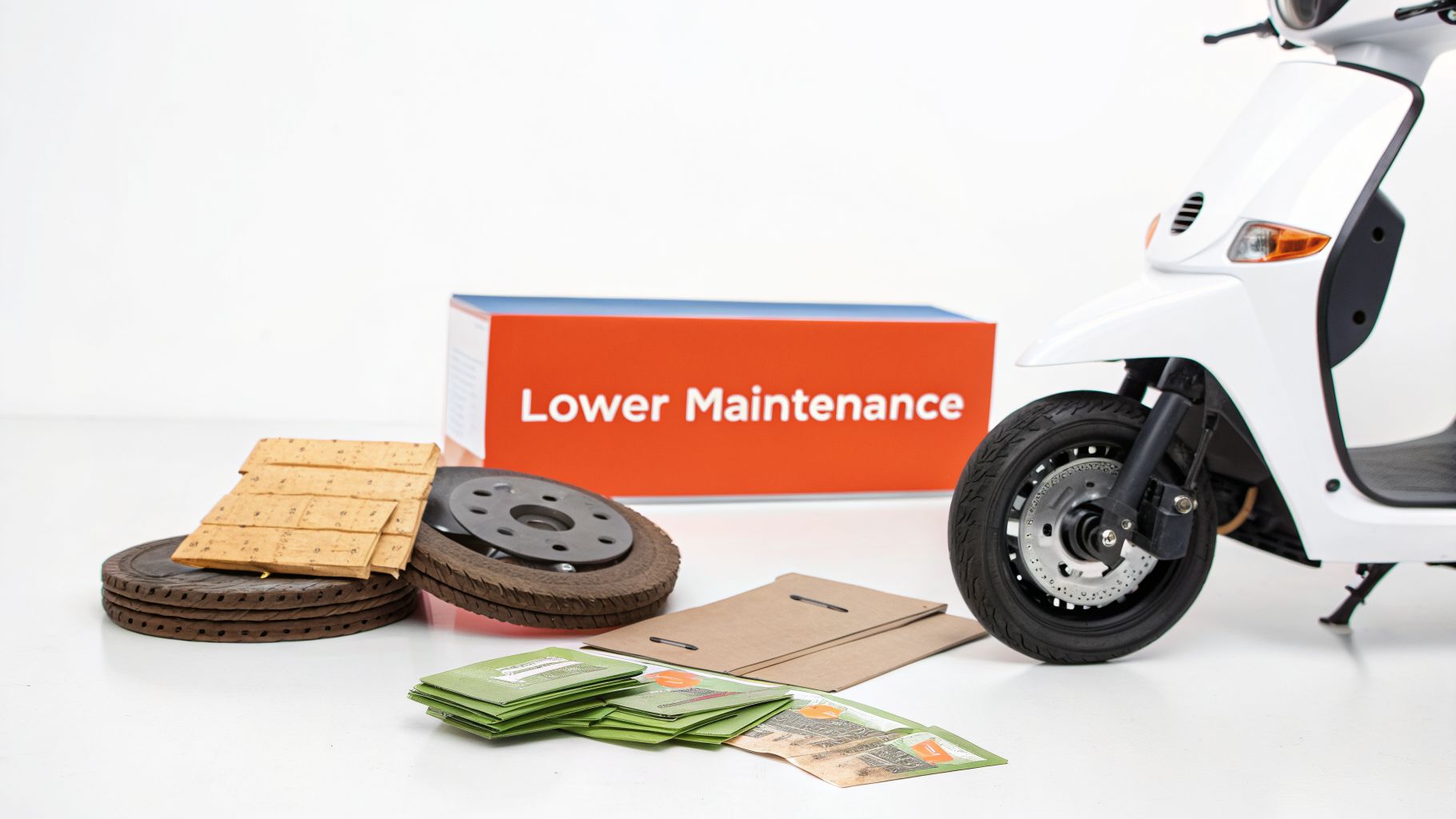 White scooter with old brake components and a box labeled 'Lower Maintenance' on a white background.