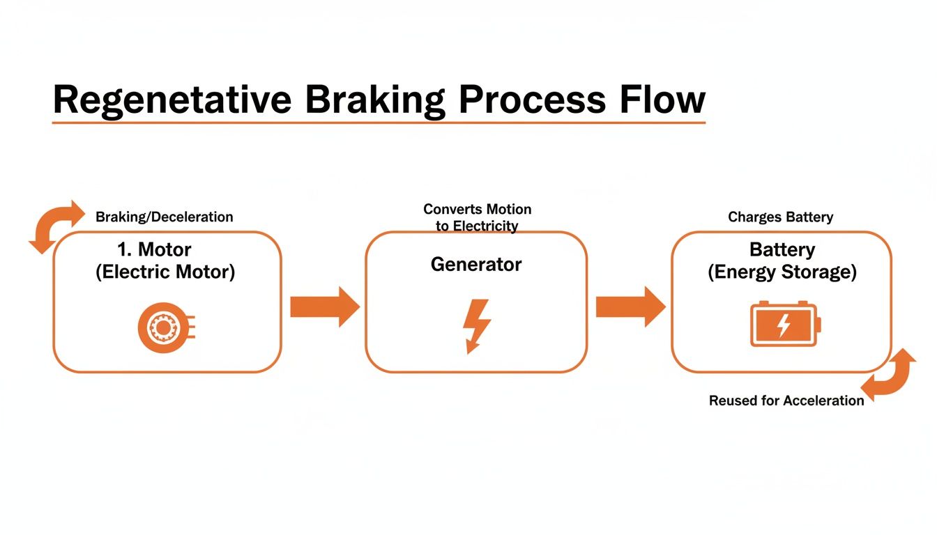 Flow diagram detailing the regenerative braking process, showing energy conversion from motor to generator and storage in battery.