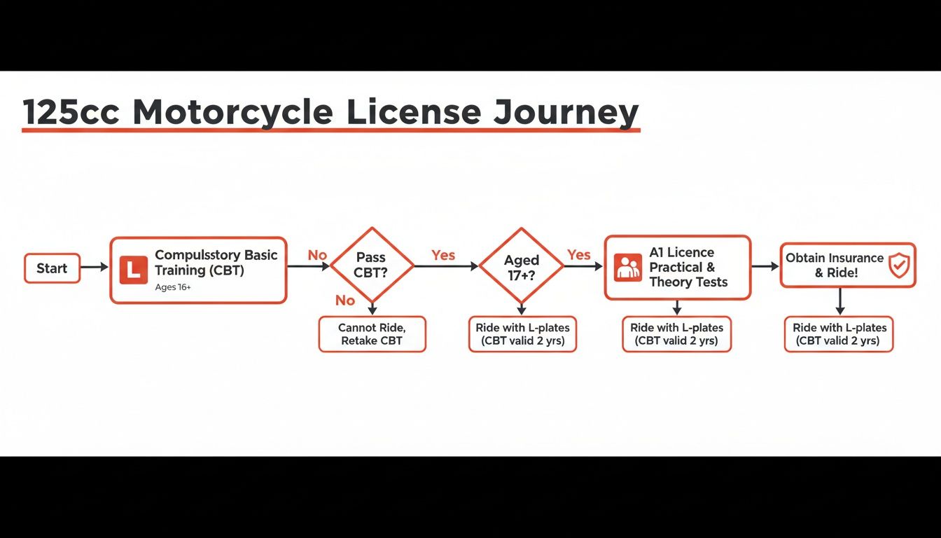 A flowchart illustrating the journey to obtain a 125cc motorcycle license, detailing training, tests, and age requirements.