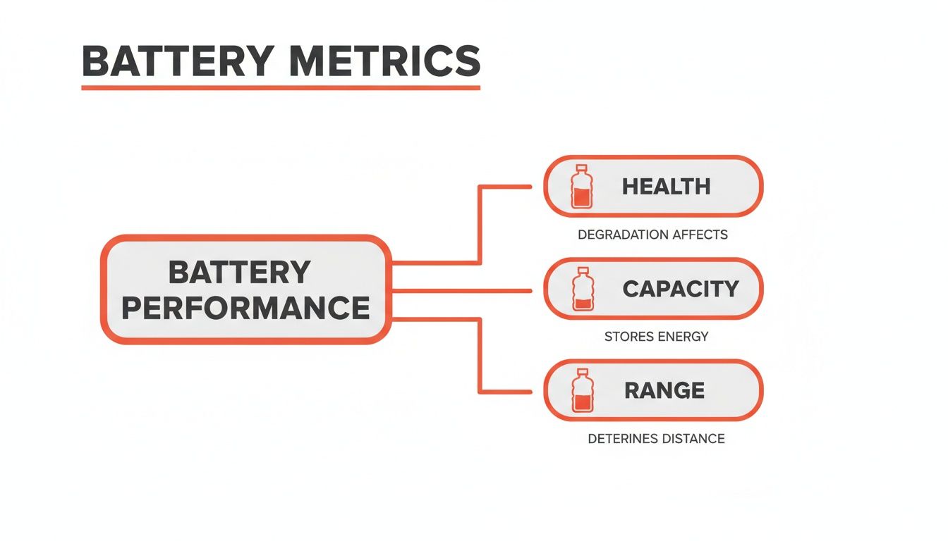 Infographic illustrating battery performance metrics: health, capacity, and range, with their key attributes.