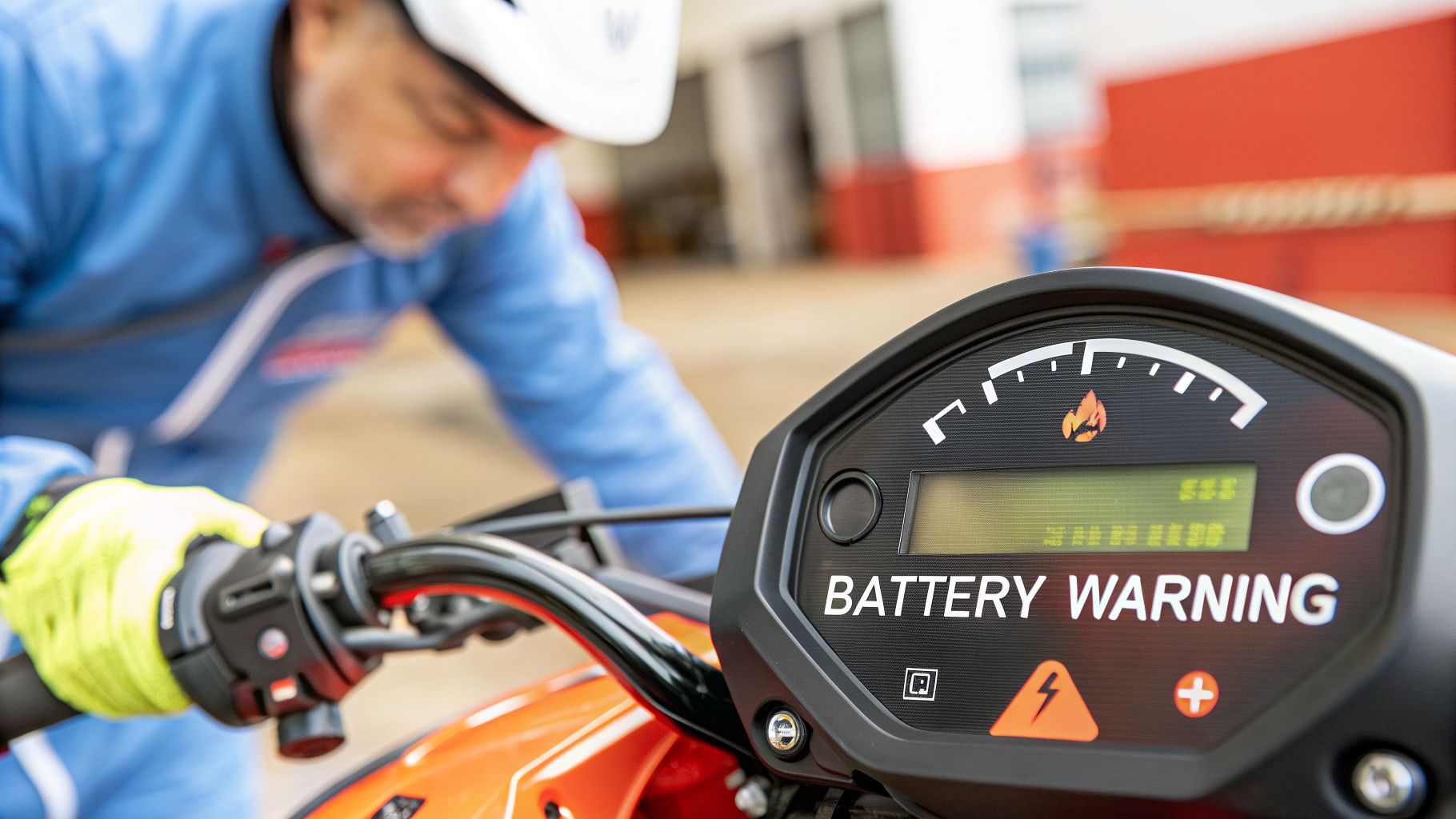 A person in blue and yellow gloves works on an orange vehicle with a 'BATTERY WARNING' dashboard display.