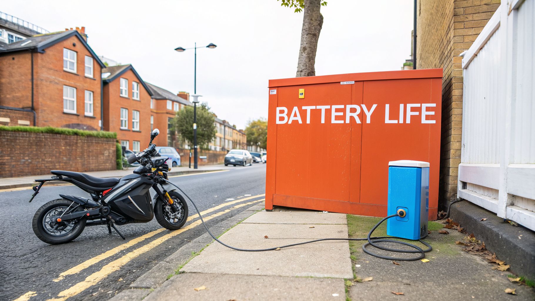 An electric motorcycle charges from a portable station connected to a large 'BATTERY LIFE' box on a city street.