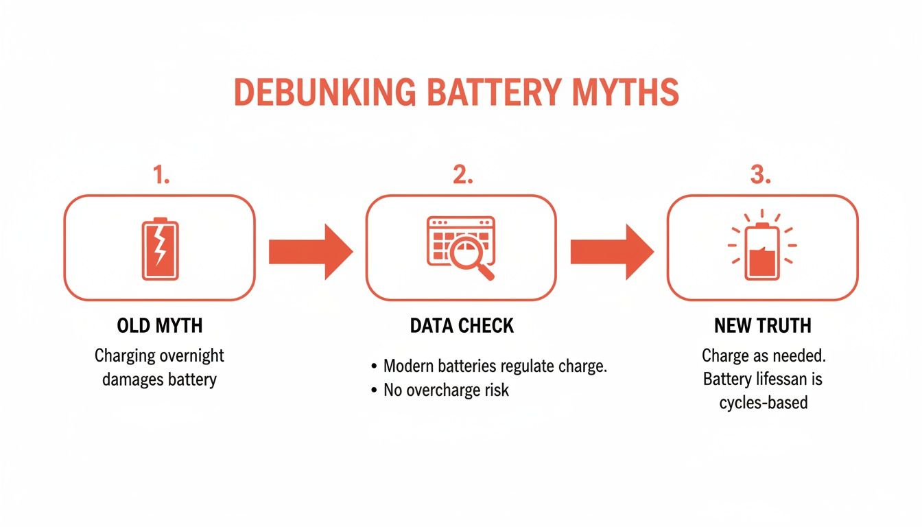 Infographic debunking battery myths: old myth of overnight charging damage versus new truth of modern battery regulation and cycle-based lifespan.