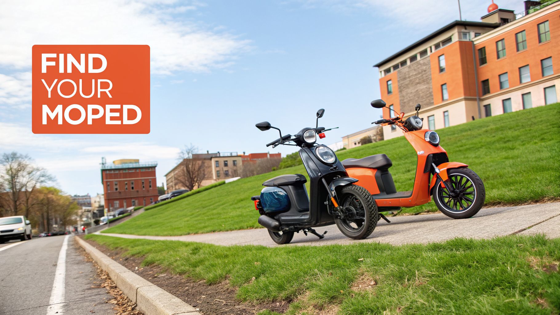 Two modern mopeds, one black and one orange, parked on a path next to a grassy hill.