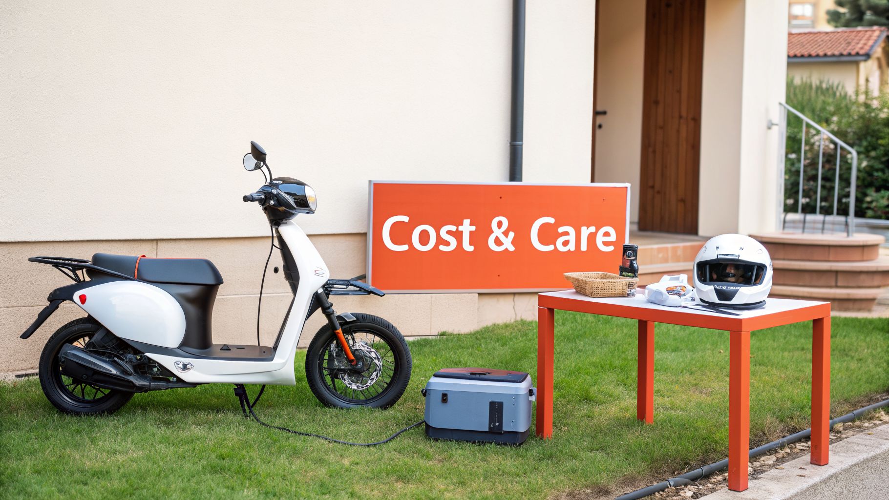 A white moped is charging from a portable power station on grass, with a 'Cost & Care' sign.
