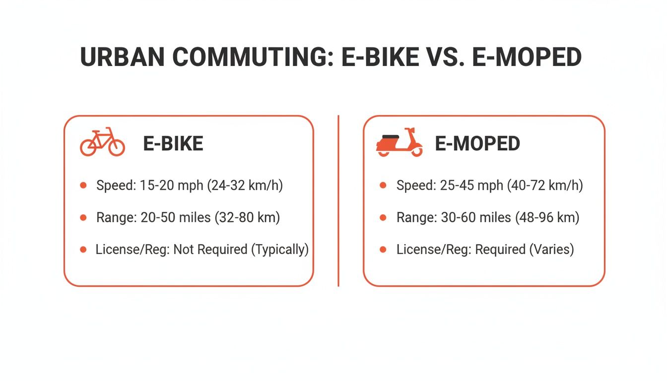 Comparison chart detailing e-bike vs. e-moped specifications for urban commuting, including speed, range, and licensing.