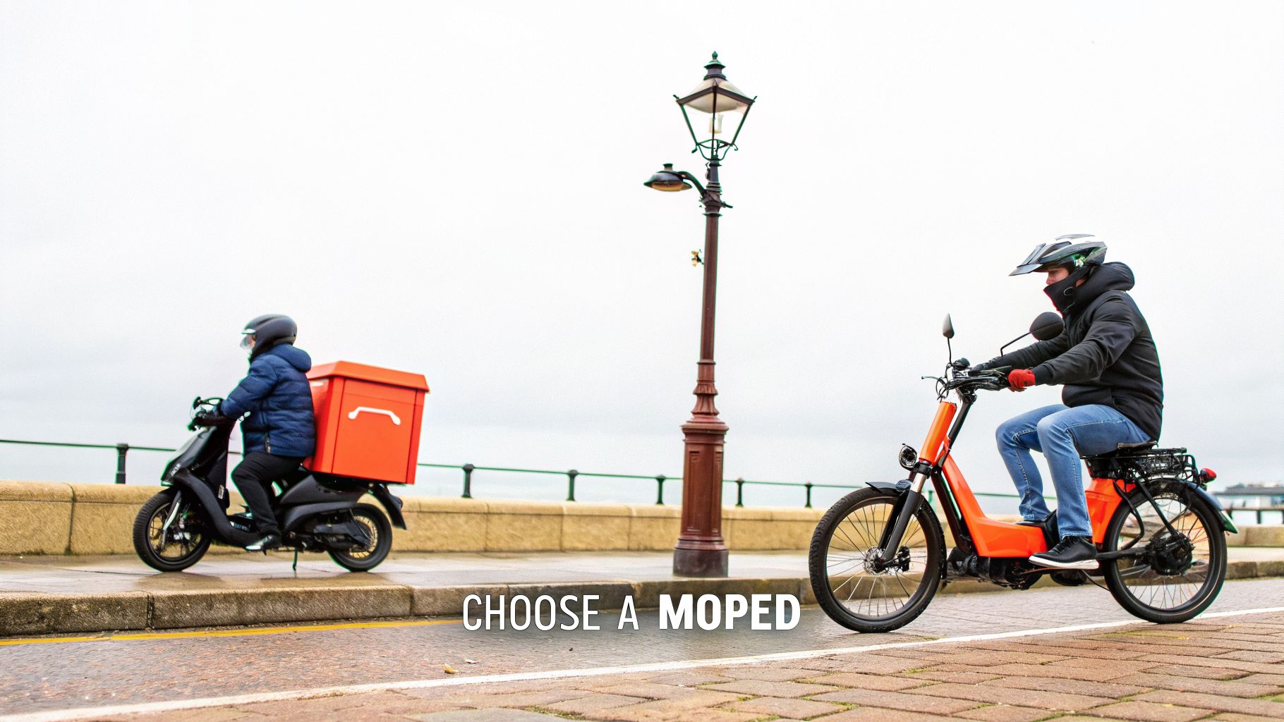 Two people riding an orange moped and a black delivery scooter on a street by the sea.