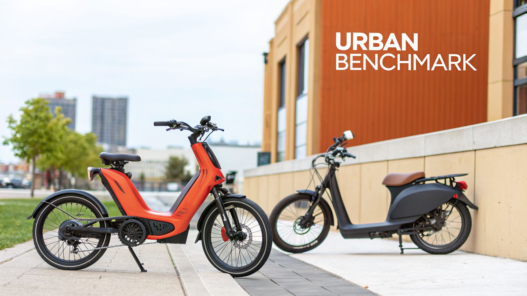 Two modern electric bikes, one orange and one black, parked on an urban sidewalk.