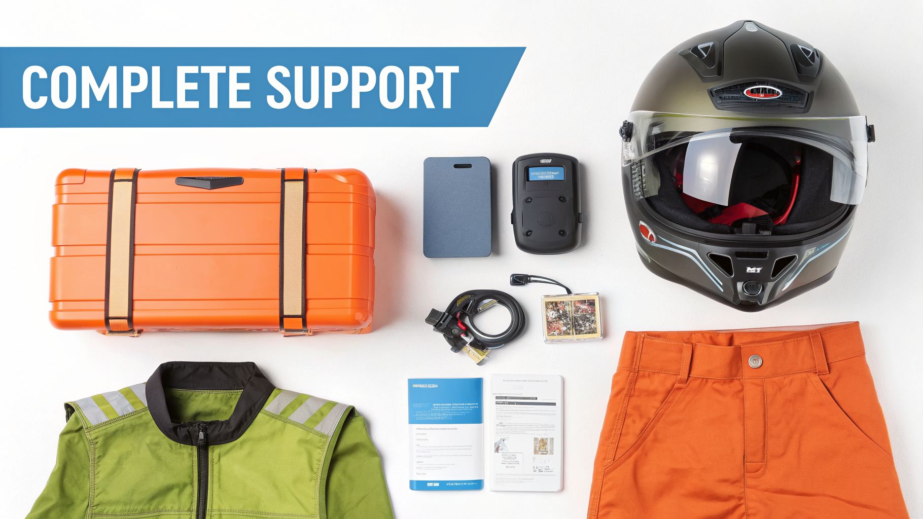 Flat lay of essential safety and tech gear, including a helmet, vest, case, and tools, for complete support.