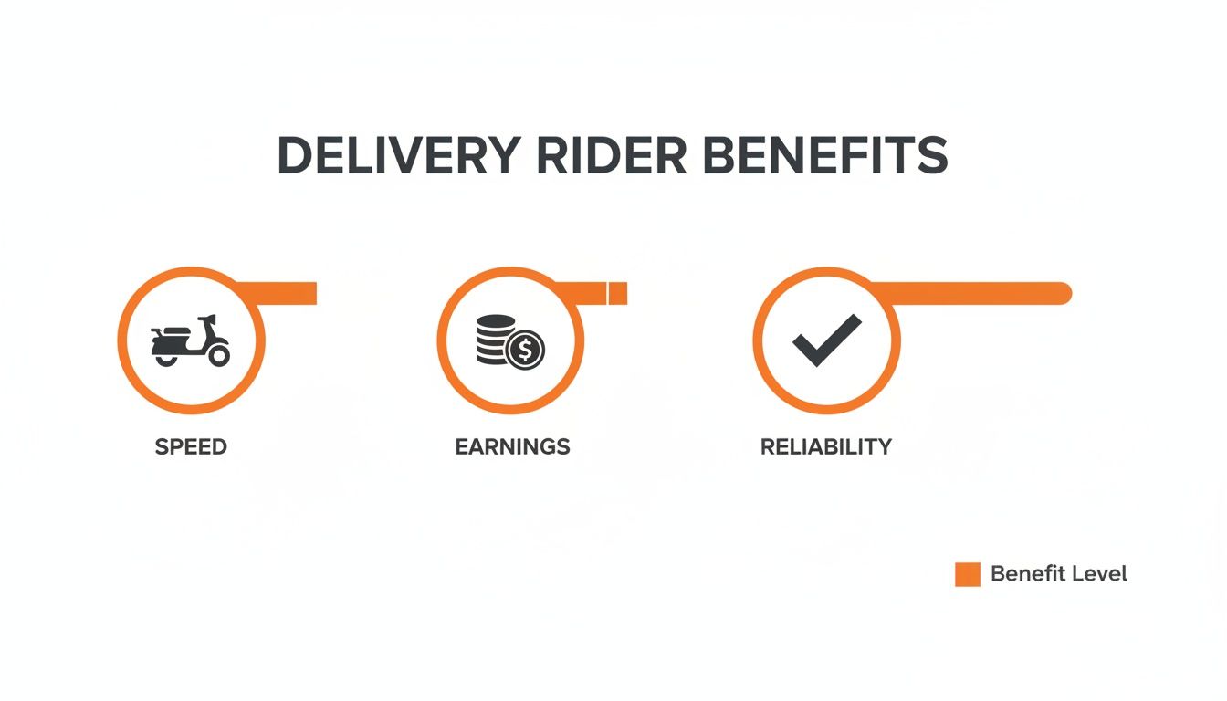 Infographic showing delivery rider benefits: speed, earnings, and reliability, each with an orange benefit level indicator.