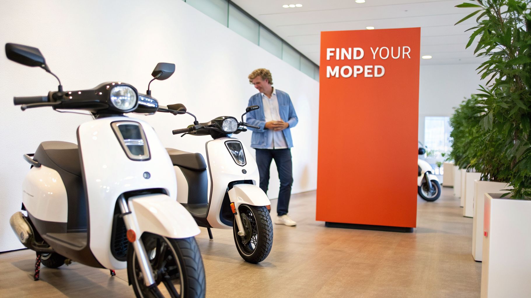 A man stands in a modern showroom, looking at white mopeds, with an orange 'FIND YOUR MOPED' sign.