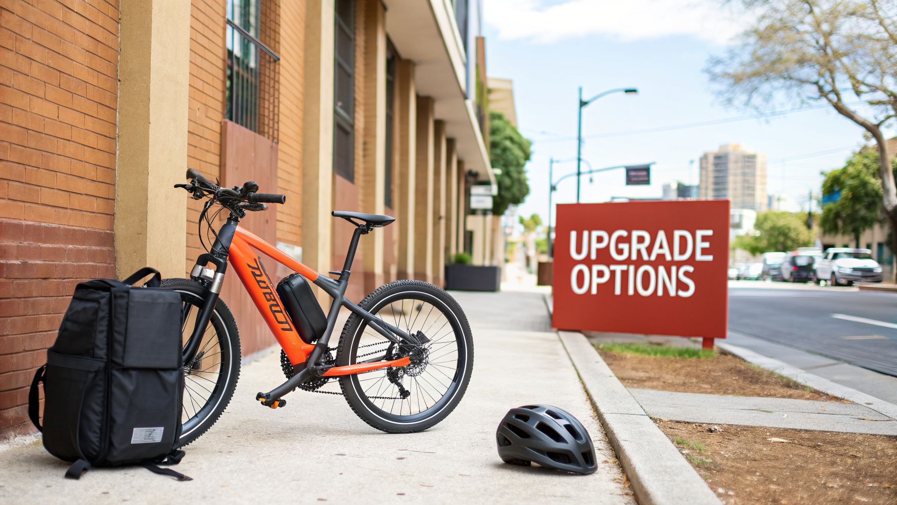 Orange and black Tenways CGO600 Pro e-bike with a backpack and helmet on a city sidewalk.
