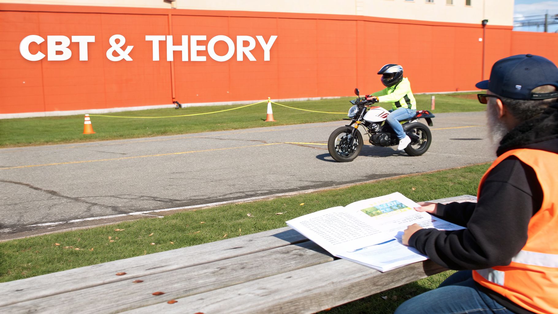 A motorcycle rider in a yellow jacket practices on a road, while an instructor reads a book on a bench.