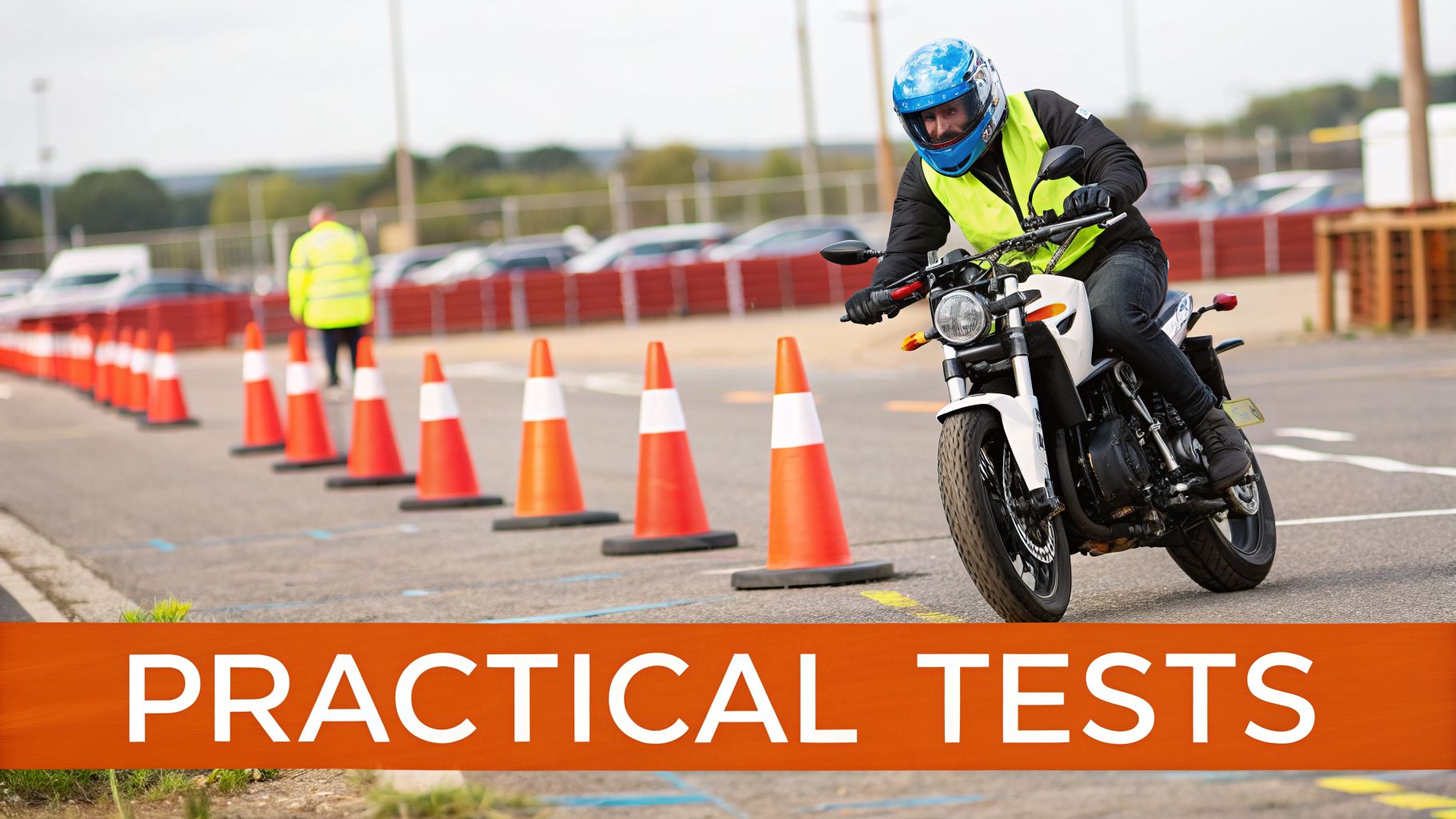 A motorcyclist in a blue helmet and hi-vis vest practicing maneuvers among orange cones for a test.