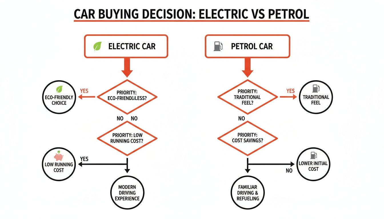Decision-making flowchart for choosing between electric and petrol cars based on eco-friendliness, cost, and driving experience.