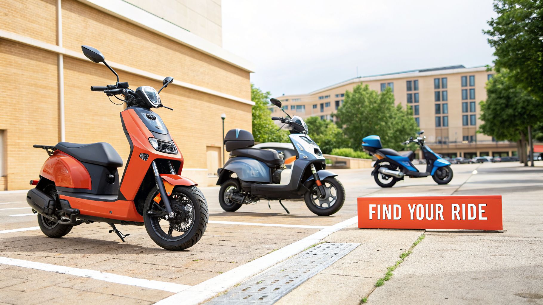 Three electric motor scooters, orange, grey, and blue, parked outdoors with a 'Find Your Ride' sign.