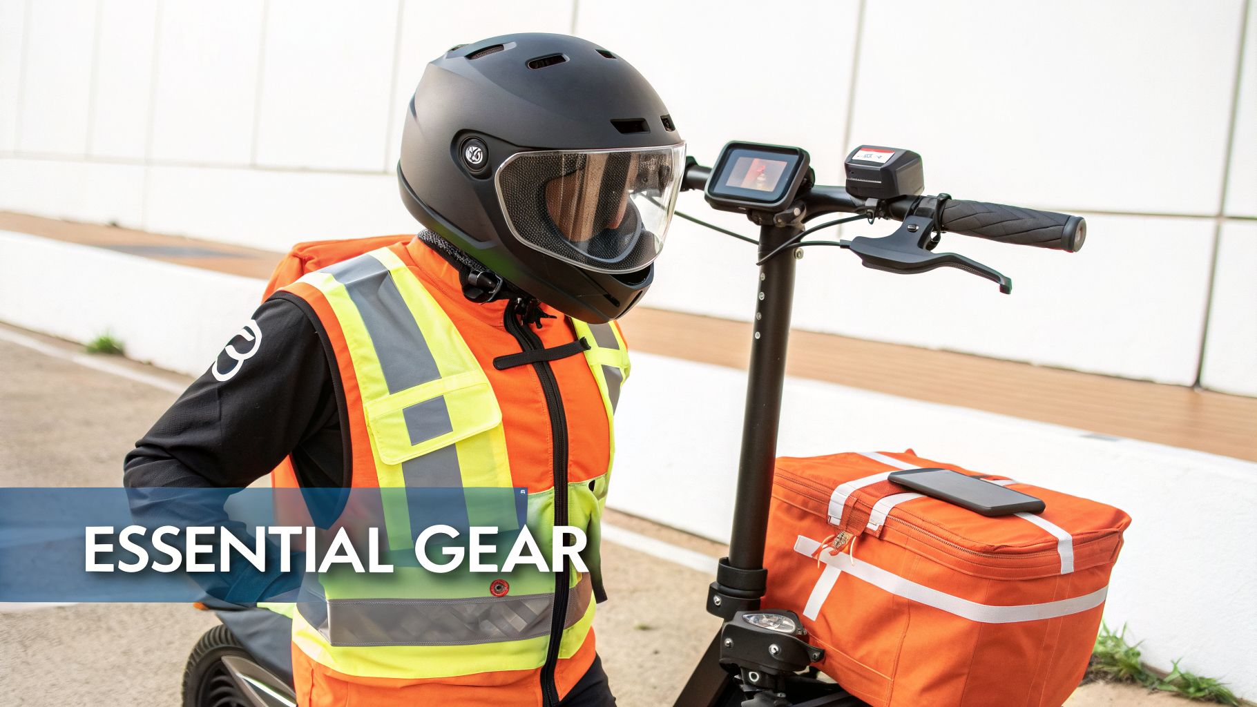 A person wearing a black helmet and an orange high-visibility vest with a scooter and delivery bag.