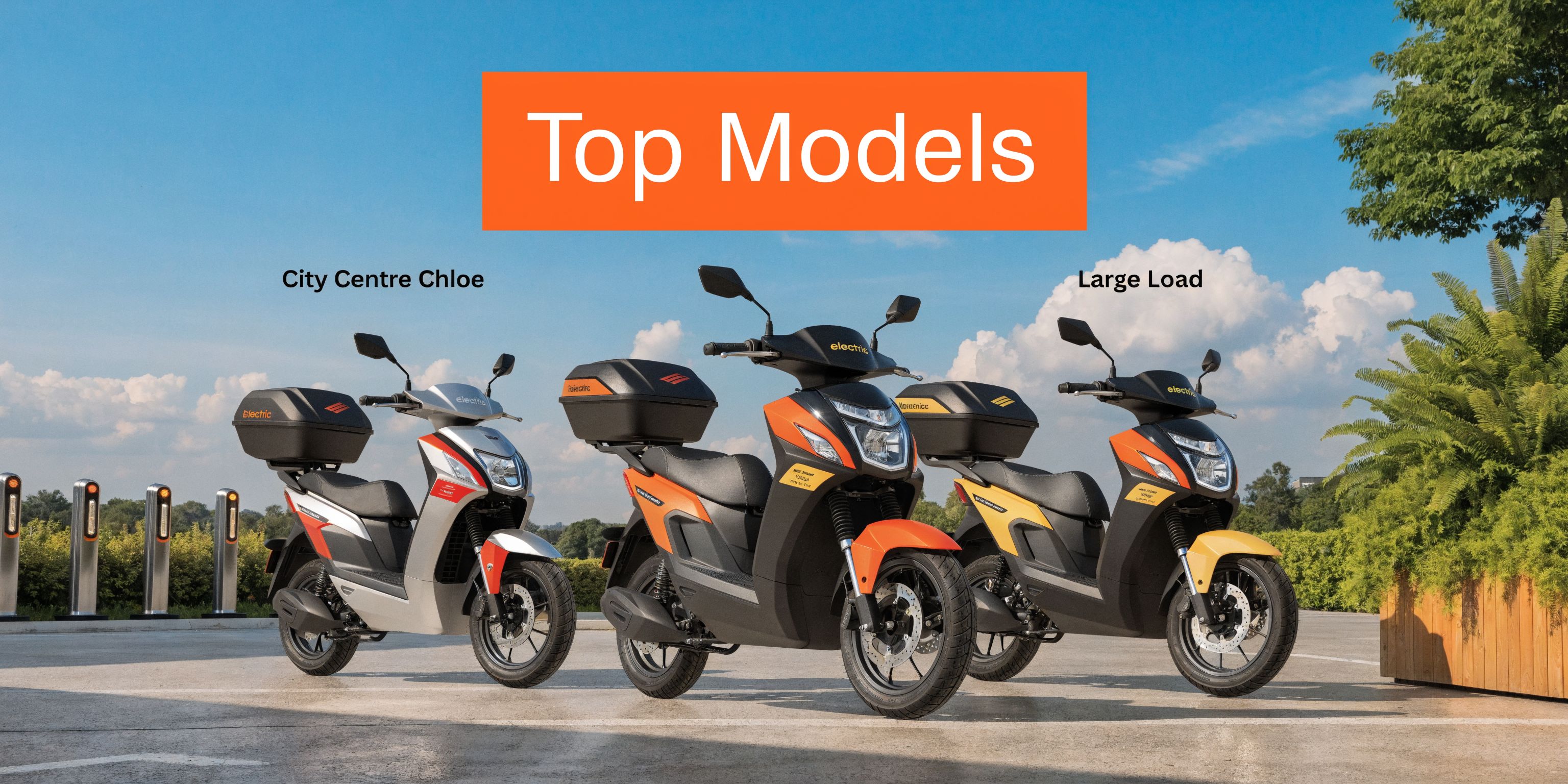 Three electric delivery scooters in orange, yellow, and silver parked in a sunny outdoor plaza.