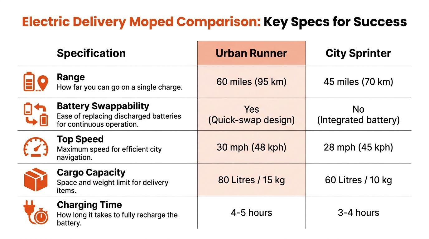 A comparison table for two electric delivery mopeds, Urban Runner and City Sprinter, detailing their key technical specifications.