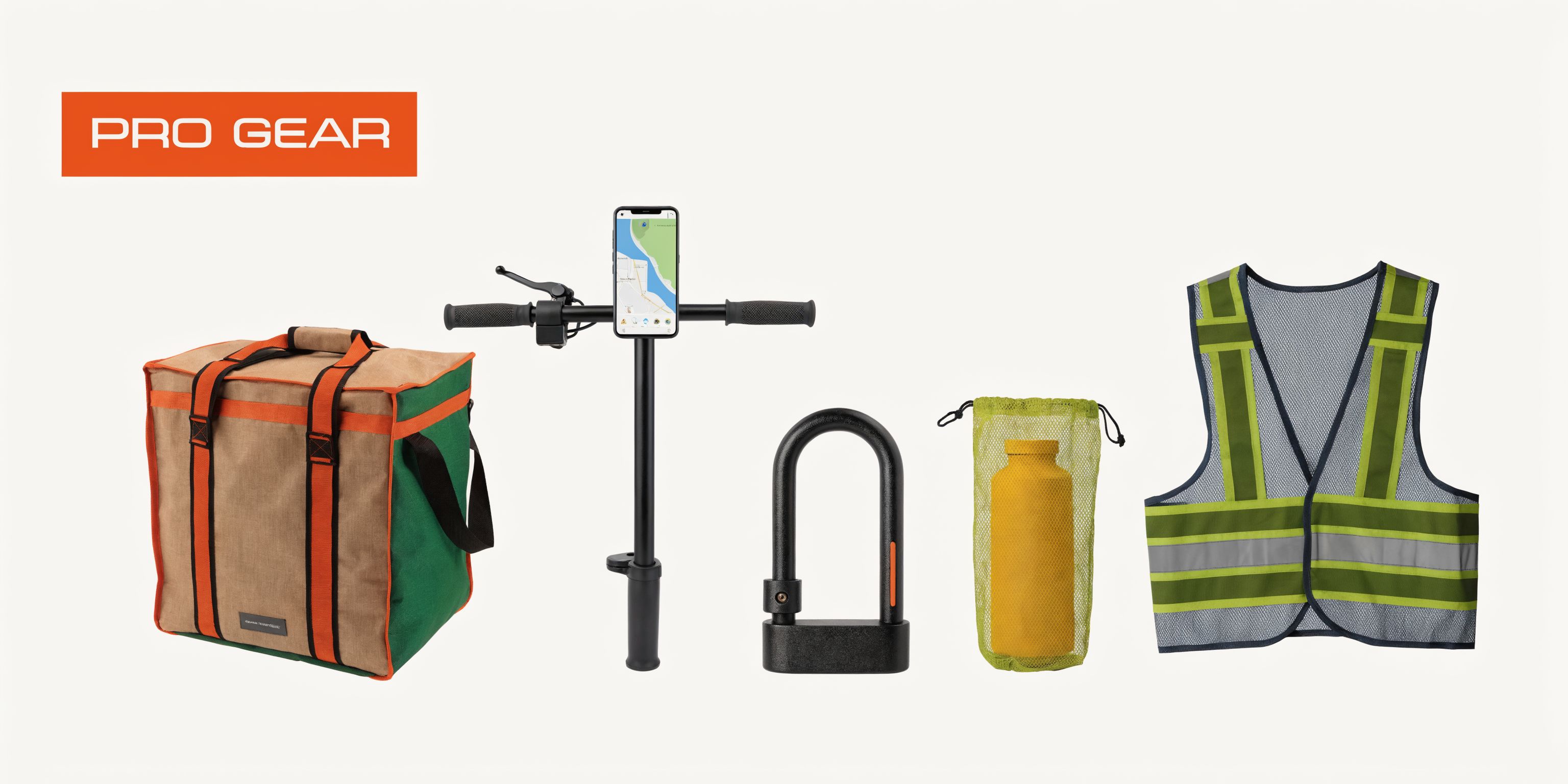 A professional food delivery kit including an insulated bag, electric scooter handlebars, lock, water bottle, and vest.