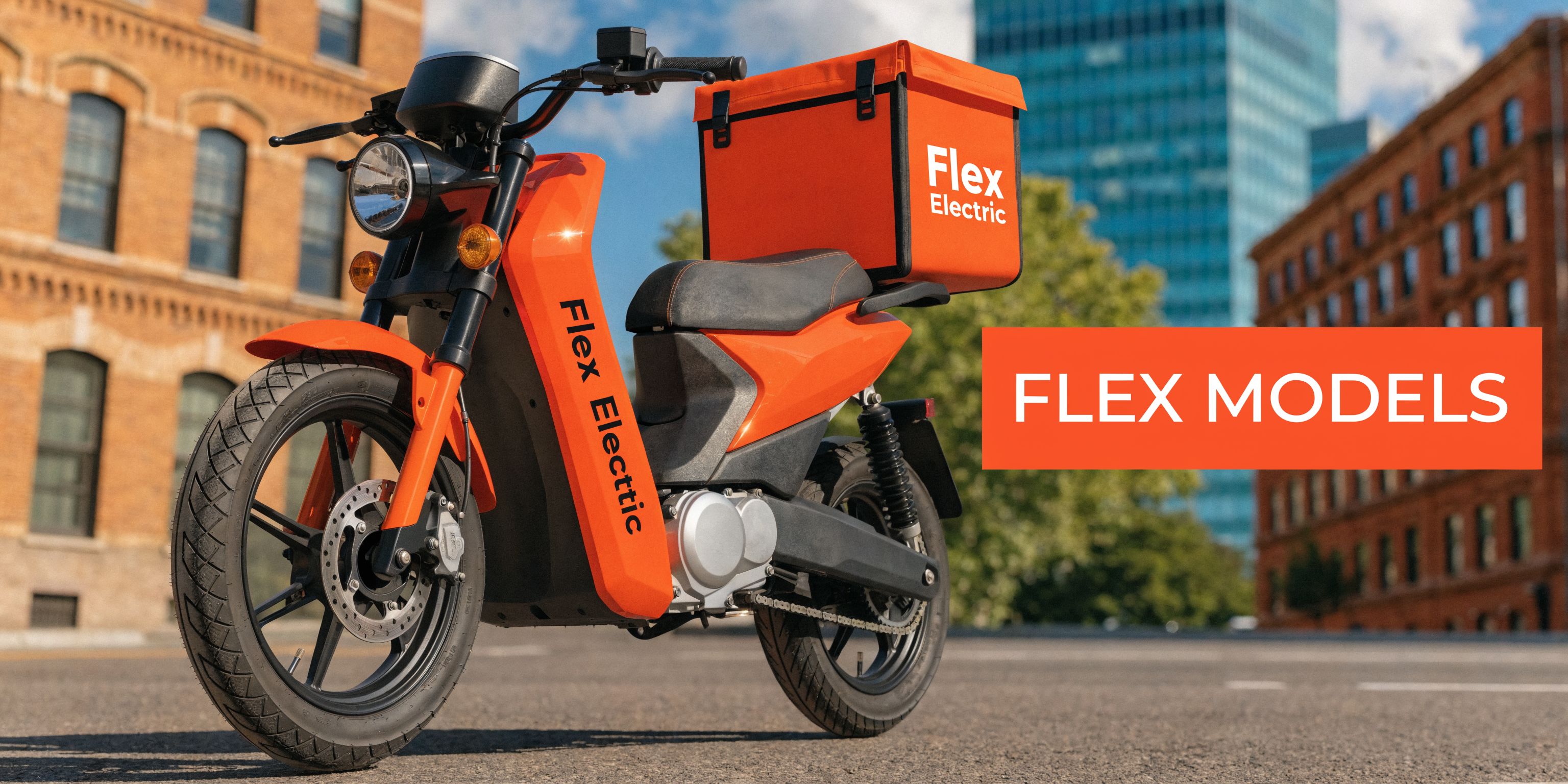 An orange Flex Electric delivery scooter parked on an asphalt street with buildings in the background.