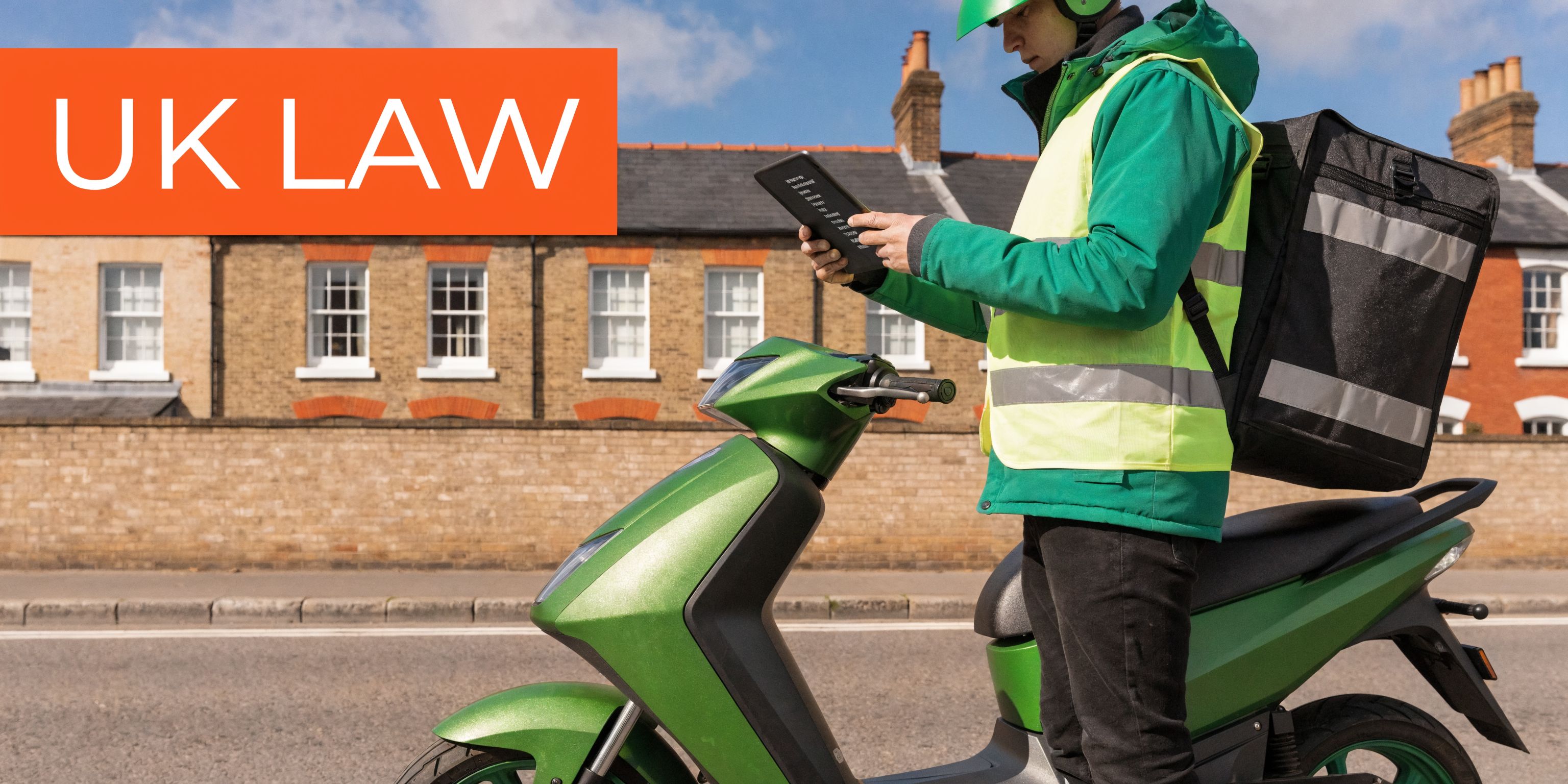 A food delivery rider on a green electric scooter using a digital tablet on a street.