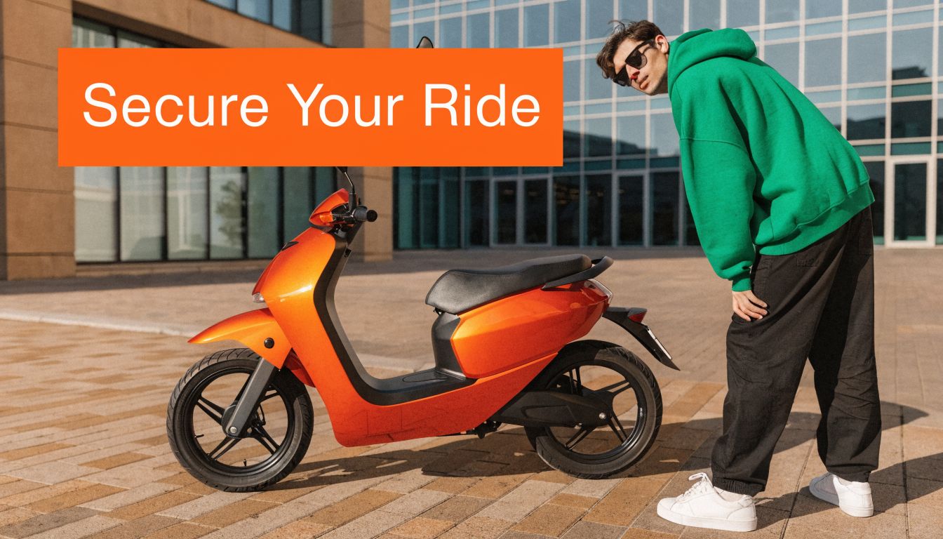 A young man in a green hoodie leans over an orange electric scooter outdoors on a sunny day.