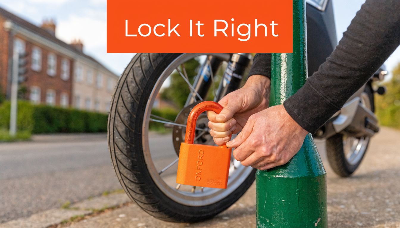 A person securely attaching an orange Oxford motorbike padlock to a green metal post outdoors.