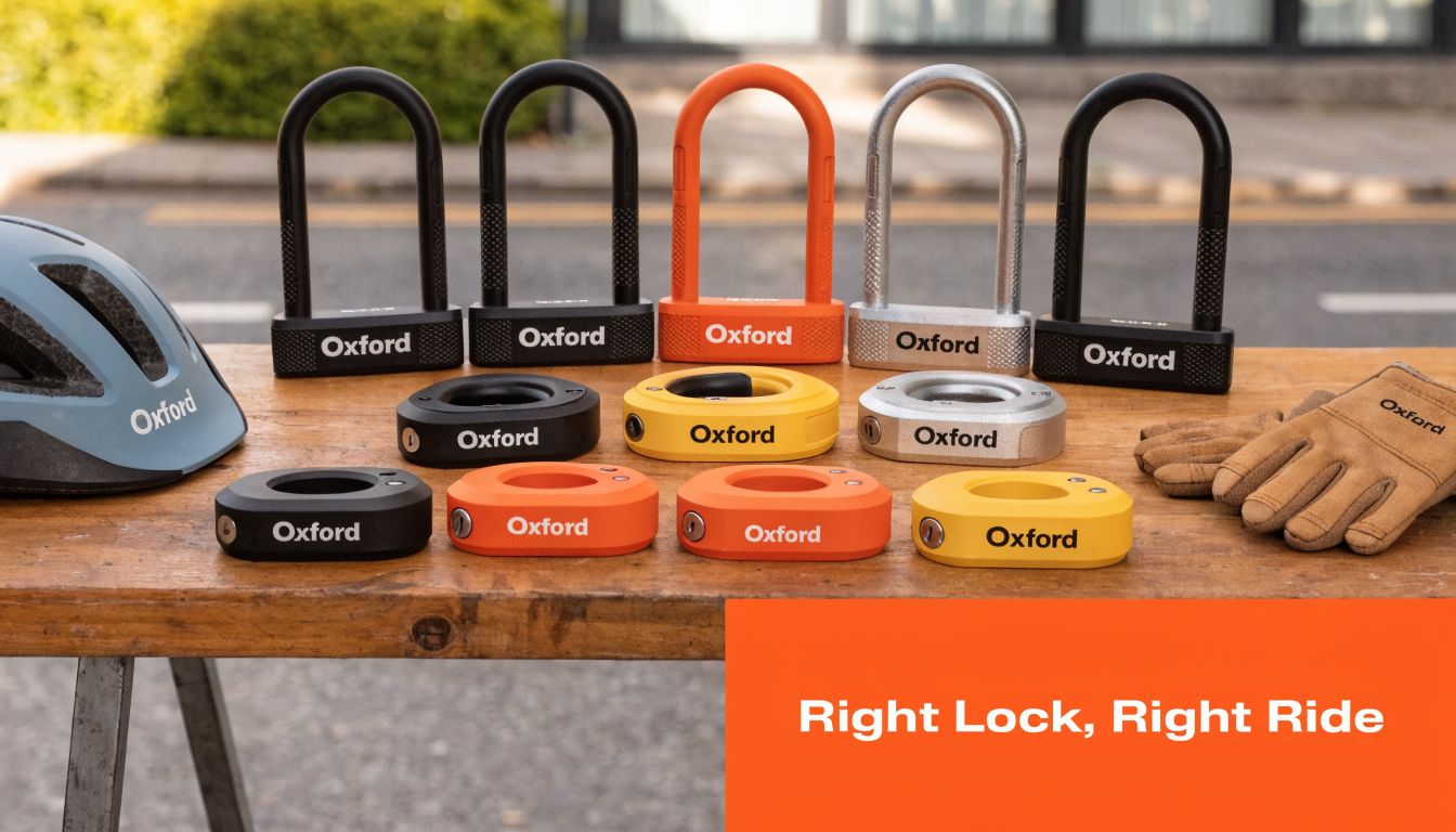 A collection of Oxford bike locks and safety accessories displayed neatly on a rustic wooden table.