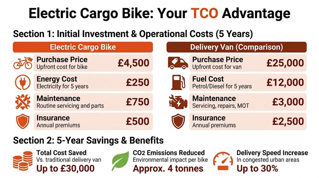 A comparison chart showing the five-year total cost of ownership benefits of electric cargo bikes versus delivery vans.