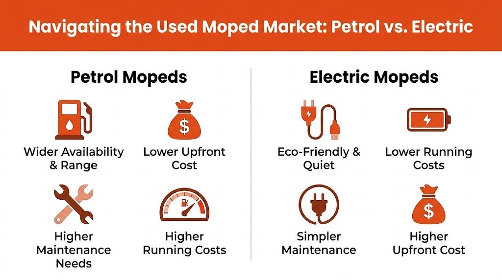 A comparison chart showing the pros and cons of purchasing used petrol versus electric mopeds.