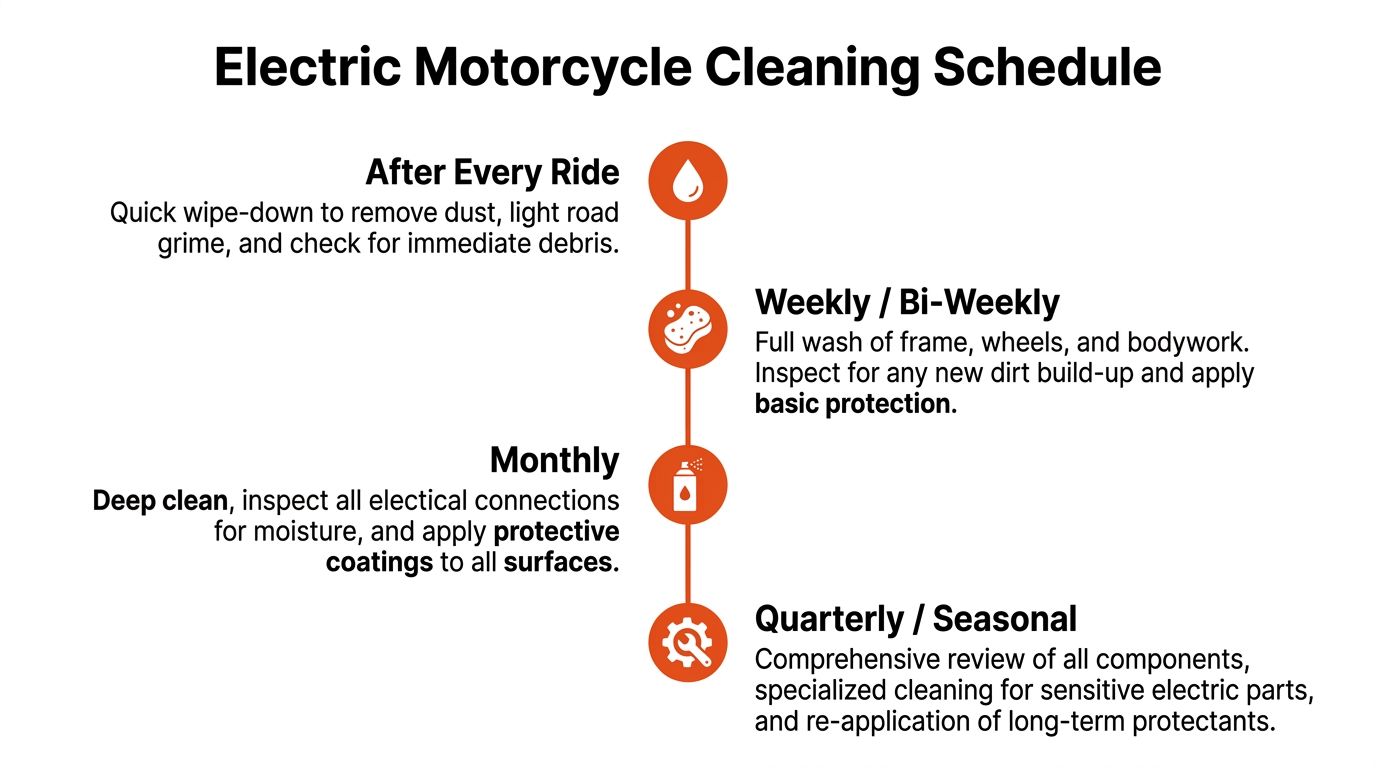 A professional infographic outlining the recommended electric motorcycle maintenance and cleaning schedule for owners.