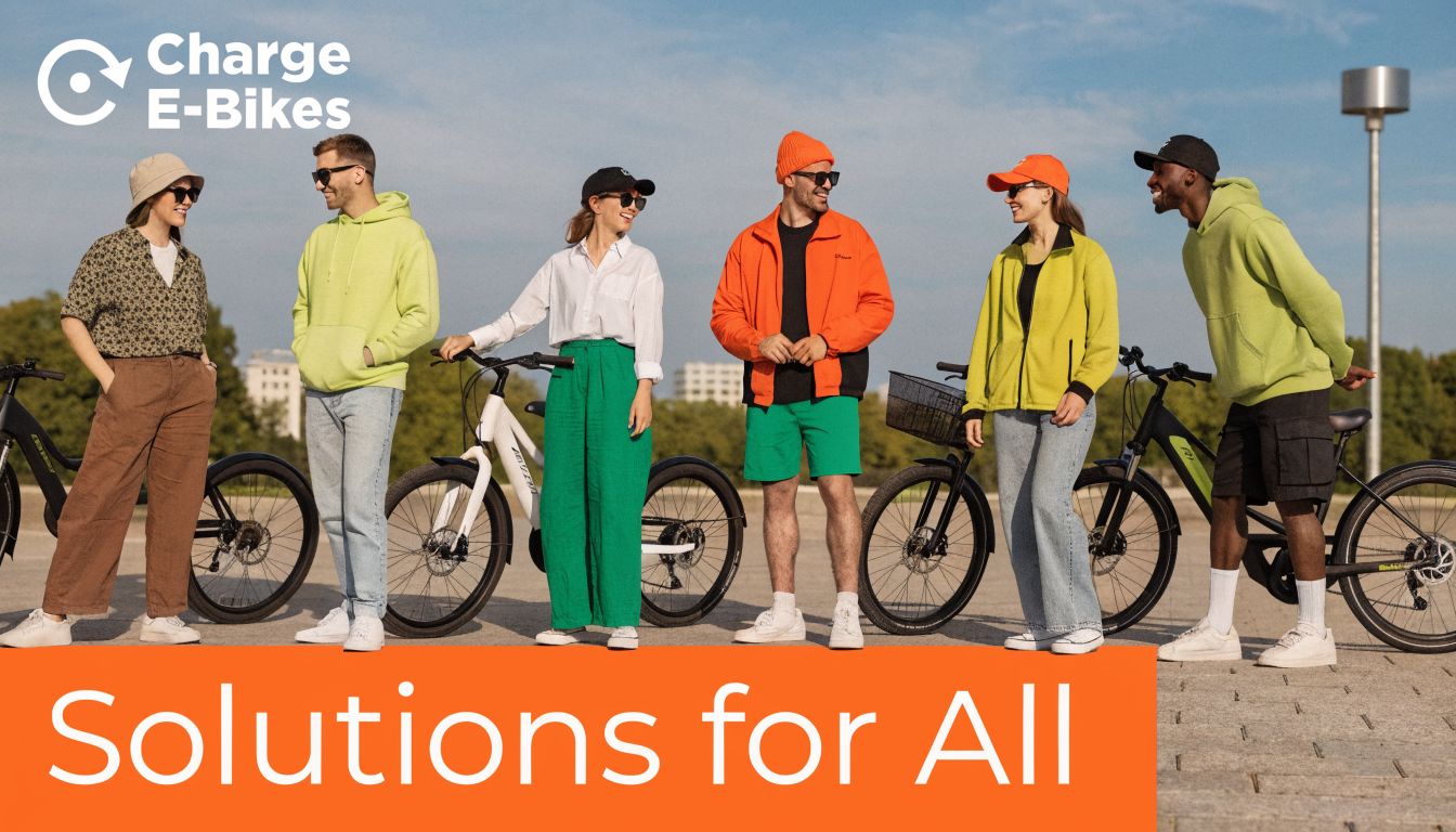 A diverse group of friends standing with their electric bikes against a bright blue sky.
