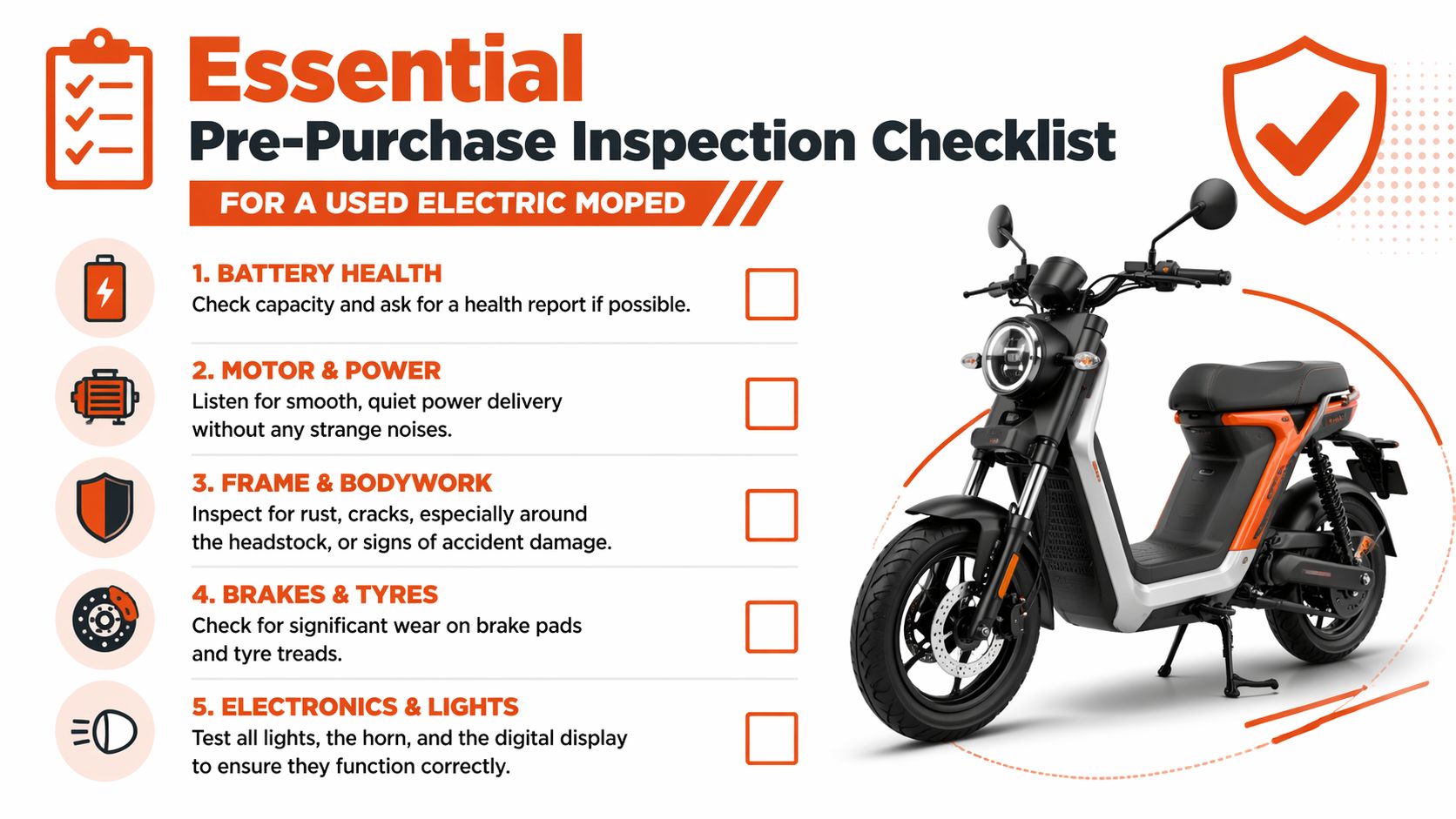 A checklist graphic providing five essential inspection points for purchasing a used electric moped bike.