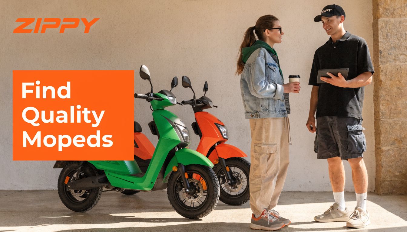 A woman and a man talking next to a green and an orange Zippy moped outdoors.