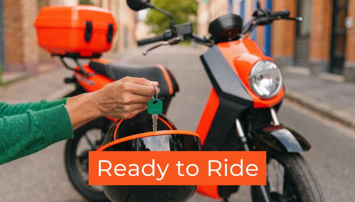 A person in a green sweater holding a moped key over a helmet with a bright orange scooter.