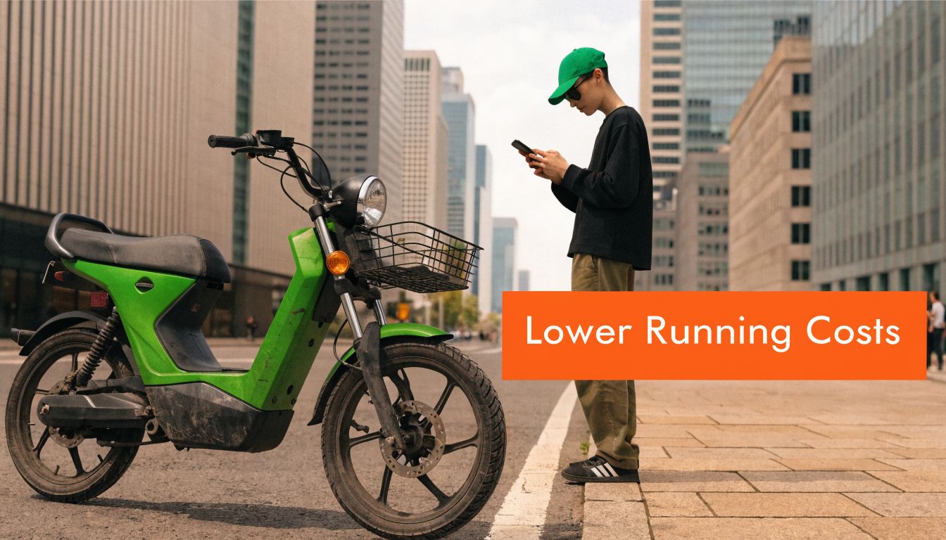 A person standing on a city sidewalk using a smartphone next to their parked green electric moped.