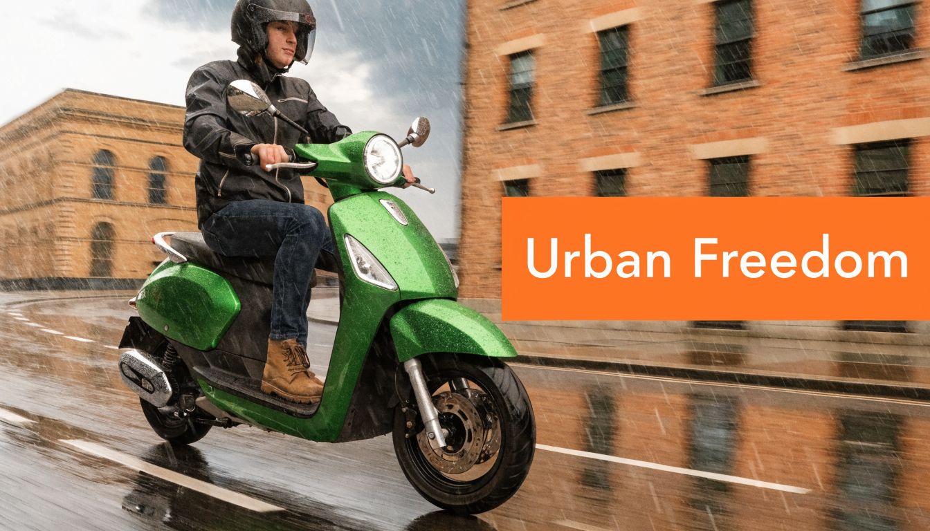 A person wearing a helmet rides a bright green scooter on a rainy city street.