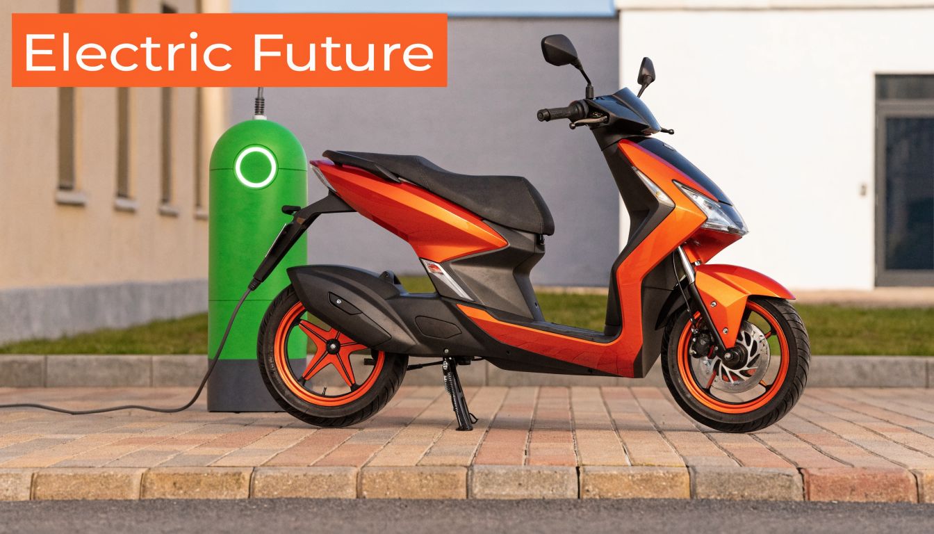 A sleek orange electric scooter parked and plugged into a green charging station on a sidewalk.