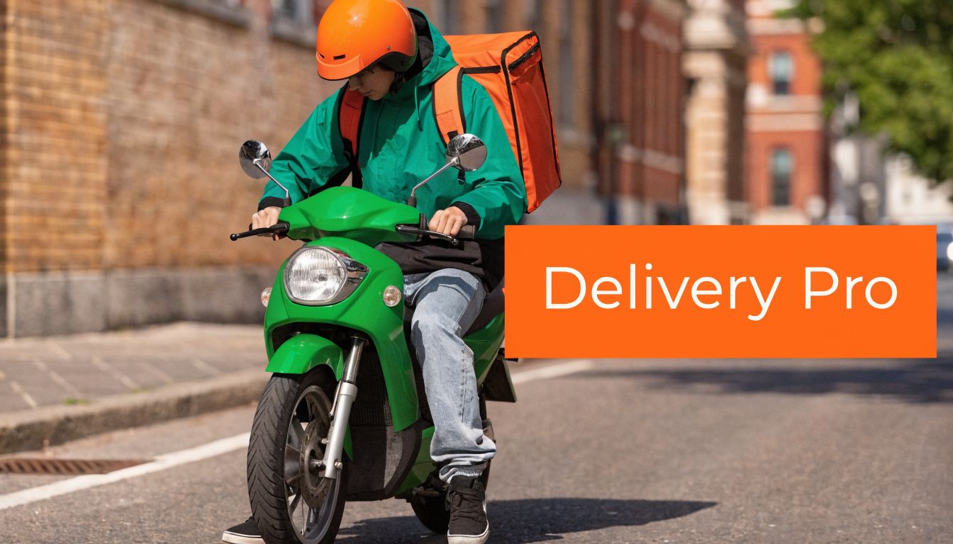 A delivery rider wearing an orange helmet rides a green moped through a city street.
