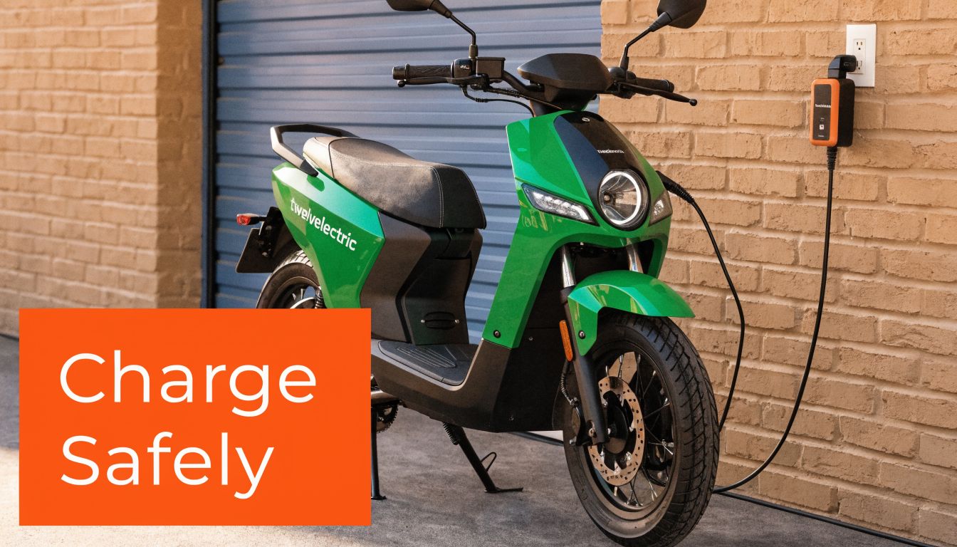 A green twelvelectric e-scooter parked on a concrete surface charging at an outdoor wall power outlet.